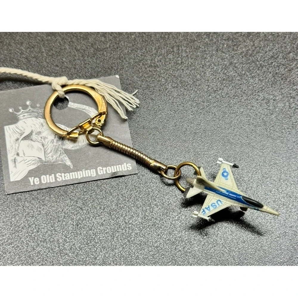 USAF Fighter Jet Airplane Keychain New Vintage Die Cast Mini Aircraft Gold Tone